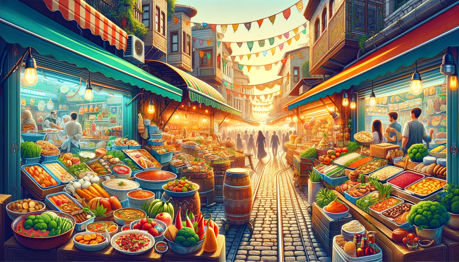 An illustration of a market with people enjoying Turkish street food.