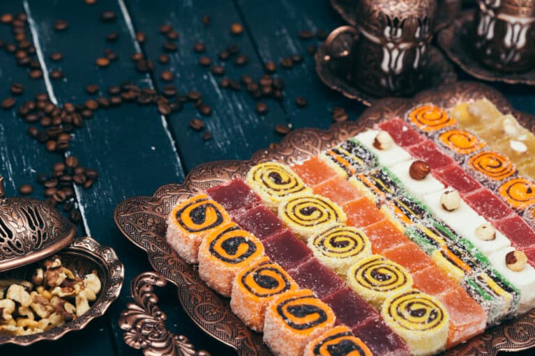 The best Lokum you can find on a tray with a variety of desserts.