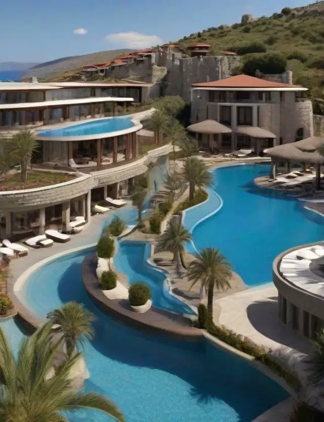 An aerial view of a luxurious resort in Turkey with a pristine swimming pool.