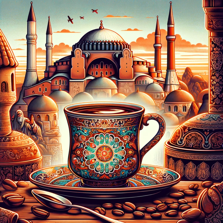 A cup of coffee on a table.