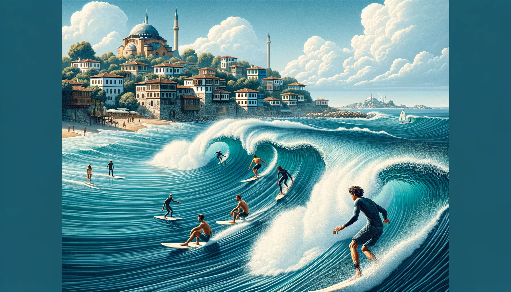 A vibrant painting capturing the exhilarating joy of surfing amidst the turquoise waves of Turkey's surf spots.