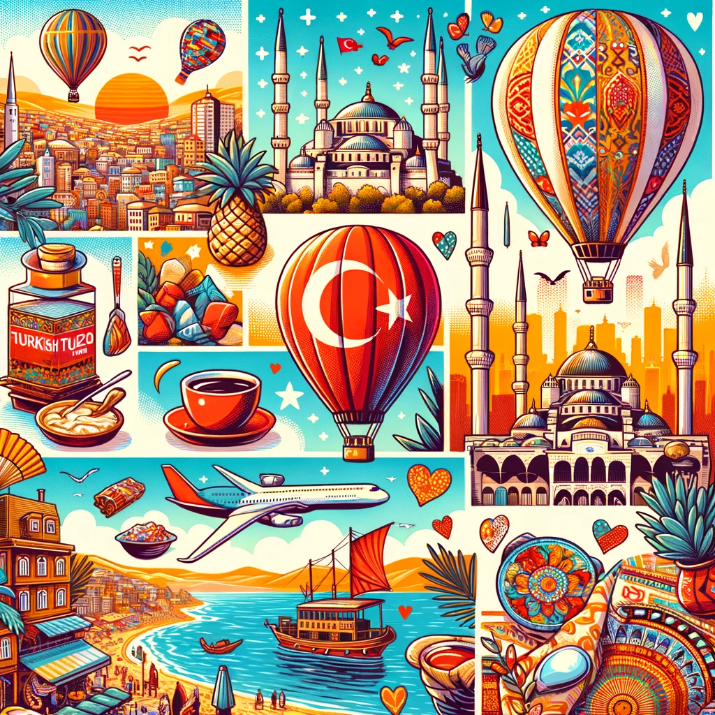 A colorful illustration of turkish landmarks, including a hot air balloon and a hot air balloon.