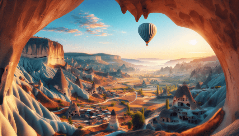 A hot air balloon in a cave in cappadocia, turkey.