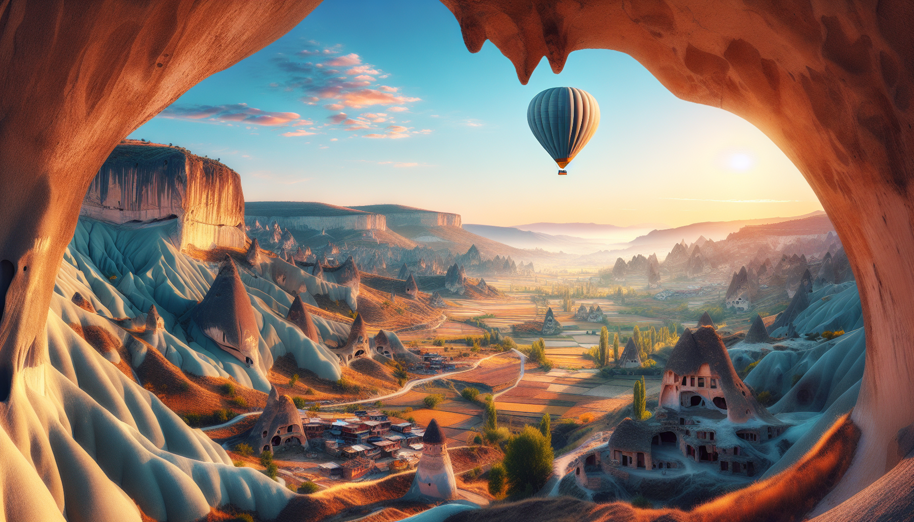A hot air balloon in a cave in cappadocia, turkey.