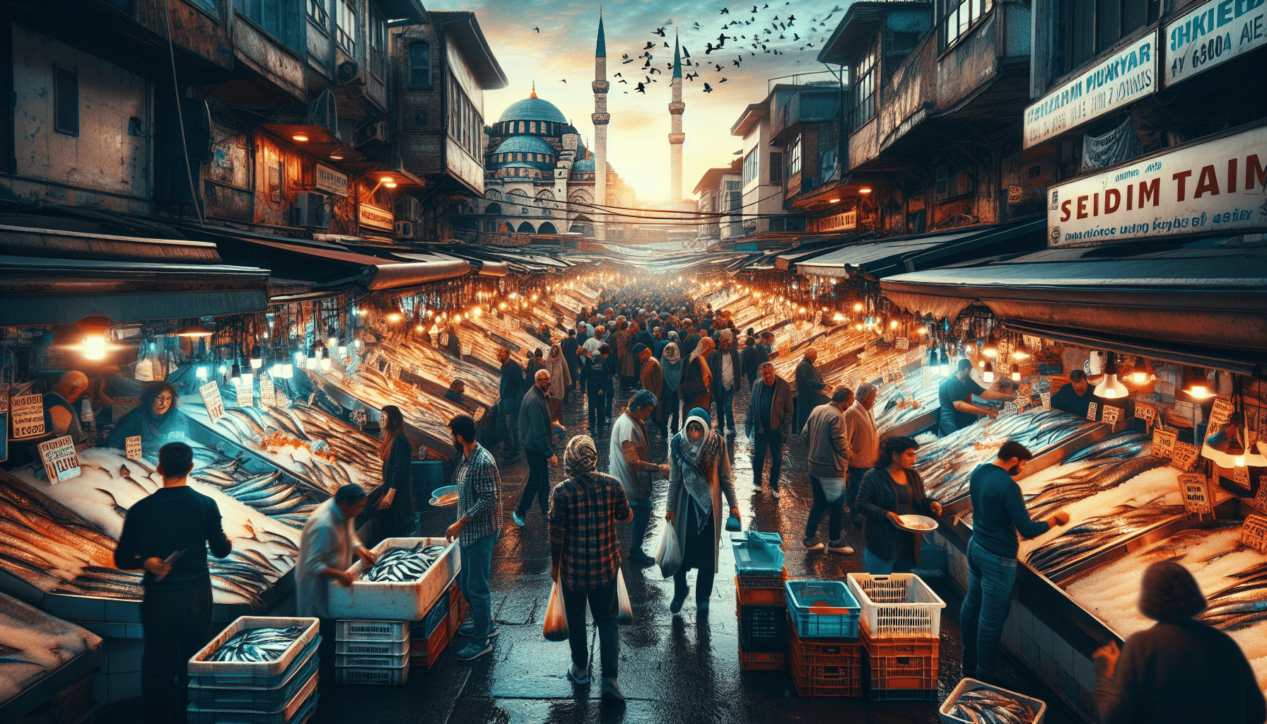 A bustling outdoor fish market with crowded walkways, illuminated stalls displaying fresh seafood, and historical buildings in the background under a twilight sky.