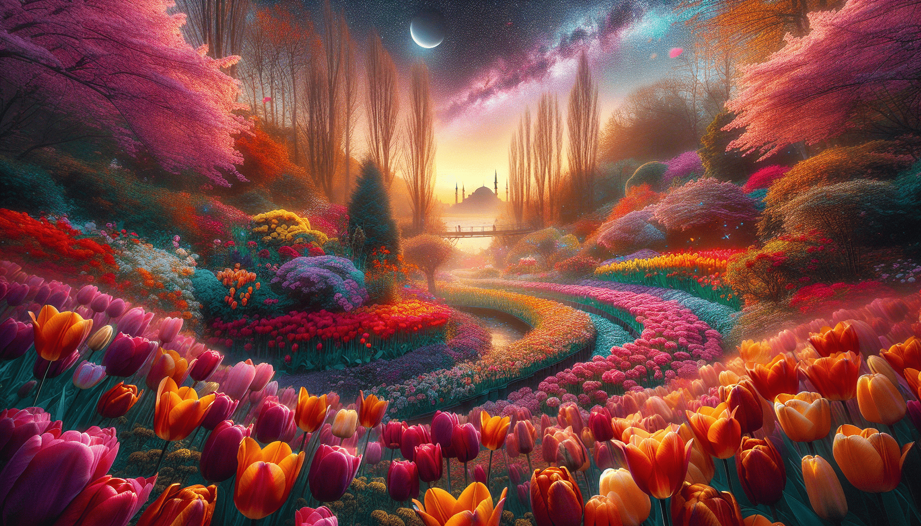 Vibrant fantasy landscape featuring a colorful garden with tulips, trees, and a river under a starry sky with a crescent moon.