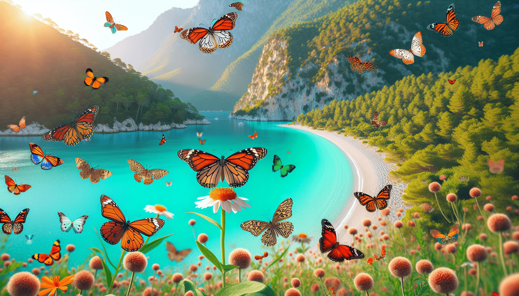 Vibrant butterflies flying over a turquoise river winding through a forested mountainous landscape at sunrise.