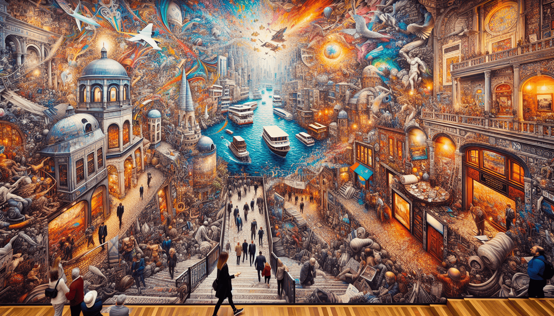 A vibrant and intricate fantasy cityscape blending historical and imaginative elements, with bustling streets, ornate buildings, and celestial imagery in the sky.