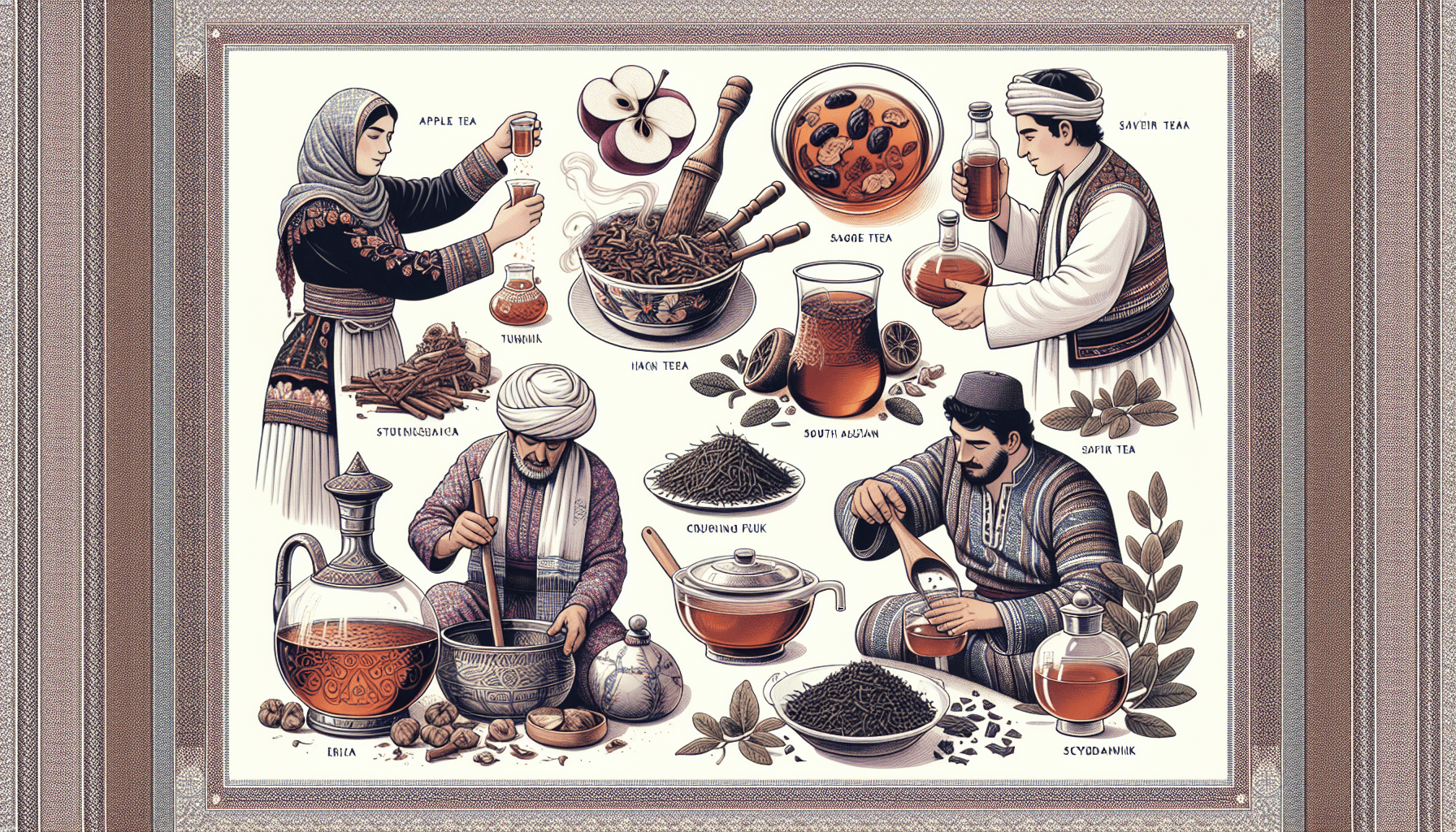 Illustration of middle eastern tea culture with nine people engaged in traditional tea preparation and serving activities, surrounded by labels and ornate borders.
