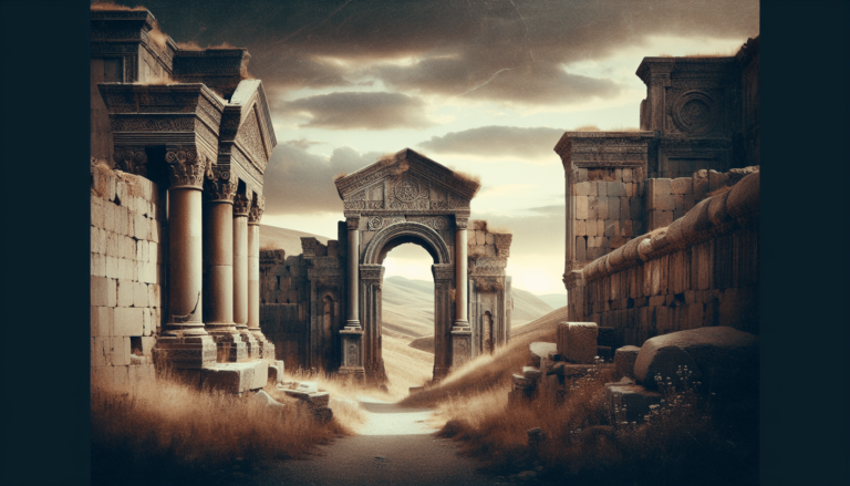 Digital artwork of ancient ruins with ornate archways and columns, set in a desert landscape under a stormy sky.