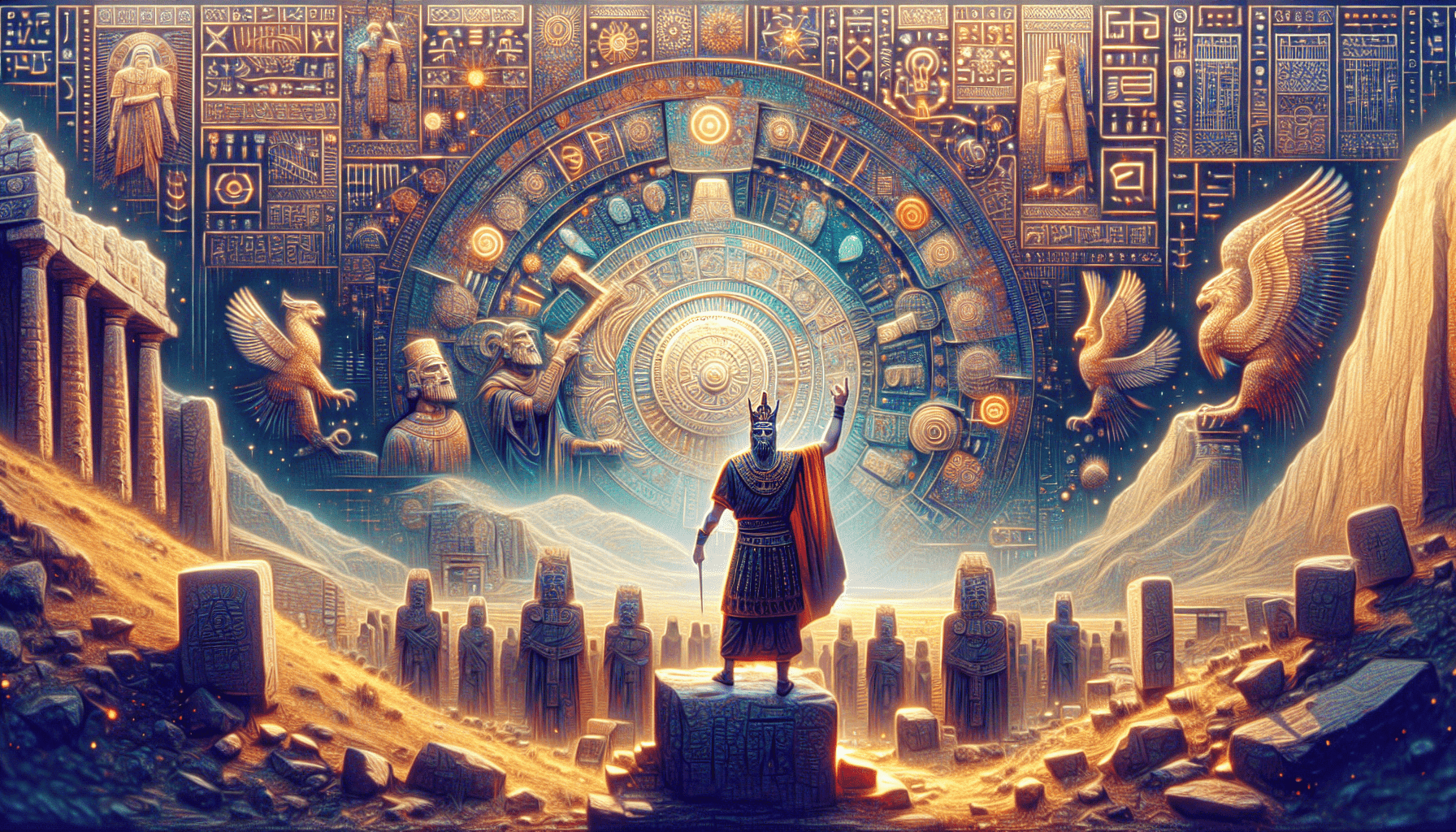 A mystical digital artwork featuring a warrior in ancient armor standing before a grand, cosmic clock surrounded by mythical figures and celestial motifs.