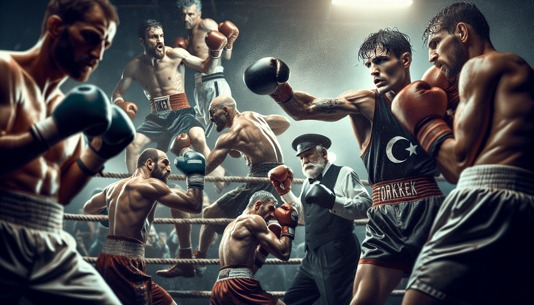 Dynamic digital artwork depicting multiple boxers engaged in intense matches within a boxing ring, underscored by atmospheric lighting and a gritty aesthetic.