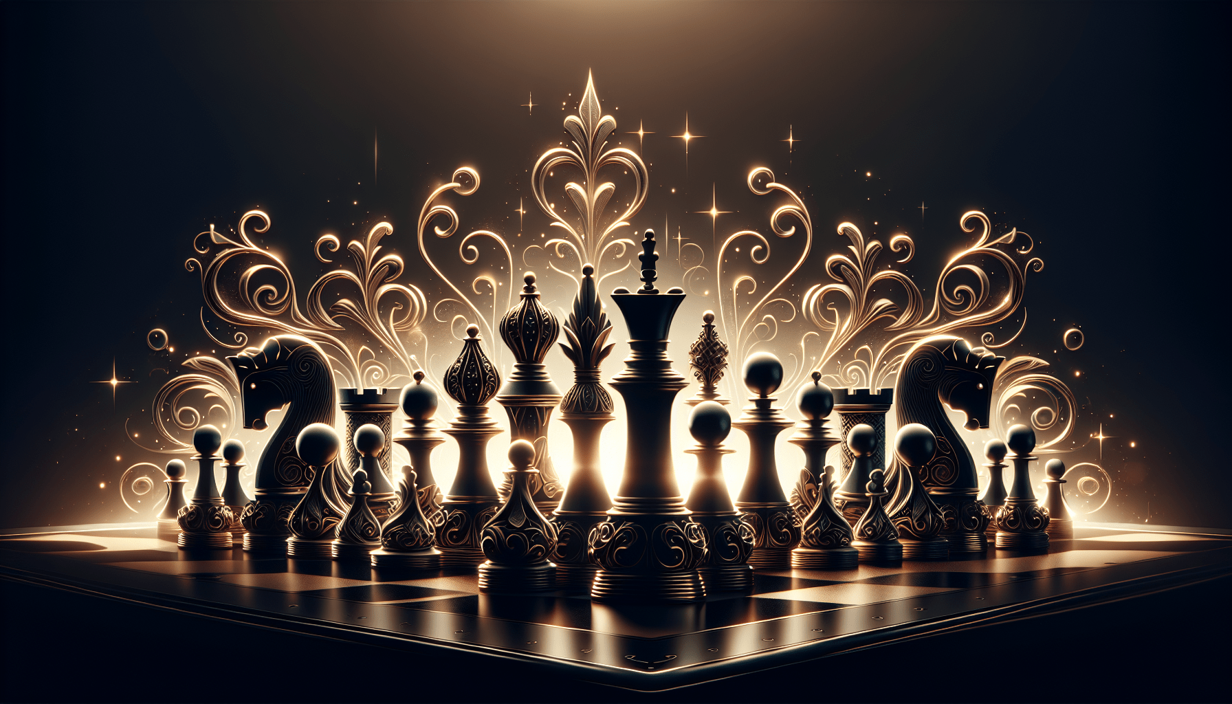 Artistic representation of a chess set with ornate pieces and intricate designs, illuminated against a dark background with glowing light effects.