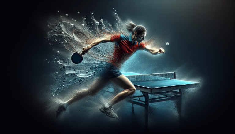 A dynamic digital artwork of a female table tennis player hitting a ball, surrounded by dramatic water splash effects, on a dark background.