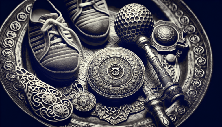 Black and white image of traditional middle eastern objects, including decorated shoes, a mace, and detailed metal plates and tools.