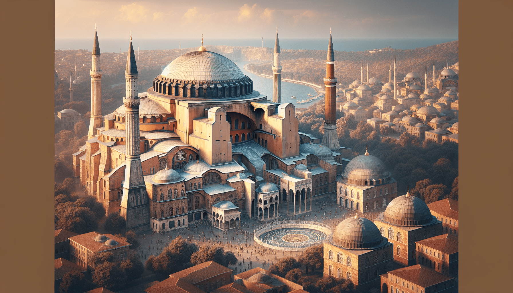Aerial view of hagia sophia in istanbul during golden hour, highlighting its large dome and surrounding minarets.