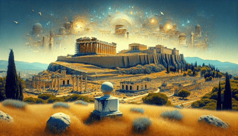 Fantasy artwork of an ancient greek cityscape with futuristic elements and flying structures in the sky.