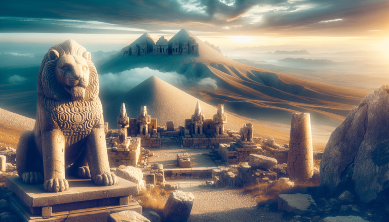 A fantastical landscape featuring ancient ruins and a stone lion statue in the foreground with pyramid-shaped mountains partially enshrouded by clouds in the background during sunset.
