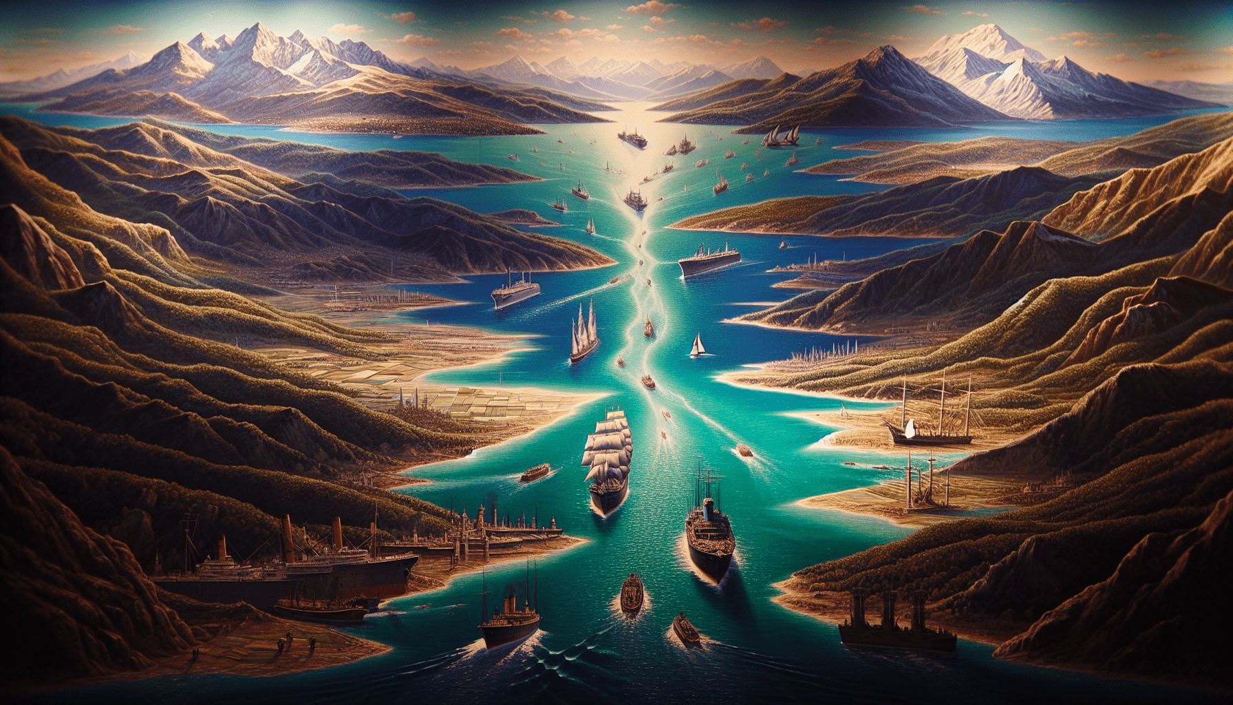 Fantasy landscape of a valley with vibrant green hills and multiple ships sailing on a turquoise river extending towards snowy mountains.