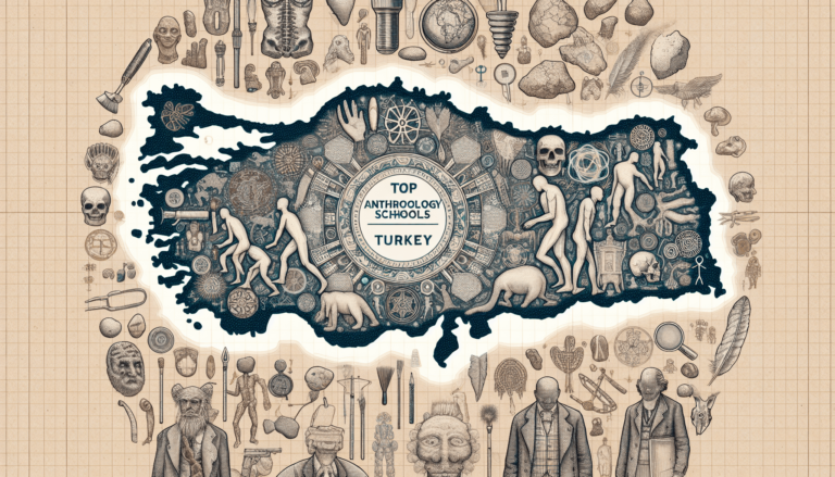 Illustrative map of turkey featuring anthropological and archaeological symbols, including human figures, artifacts, and a labeled compass.
