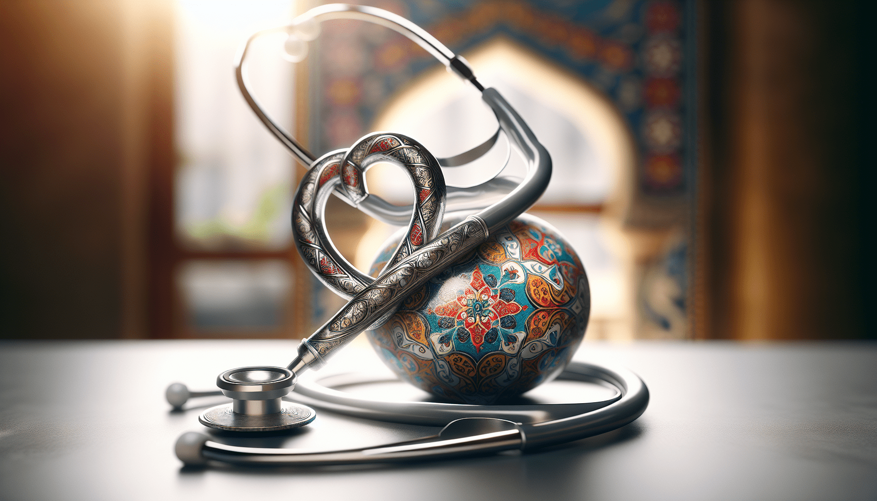 A stethoscope and a heart-shaped ornament with intricate designs on a reflective surface, suggesting a blend of art and medicine.