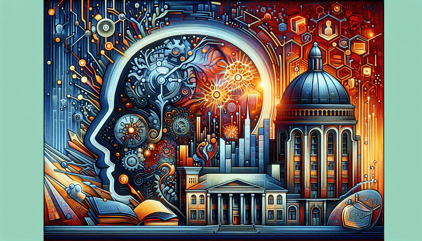 Illustration mixing classic architecture with intricate, modern digital elements, depicting a surreal blend of old and new technology.