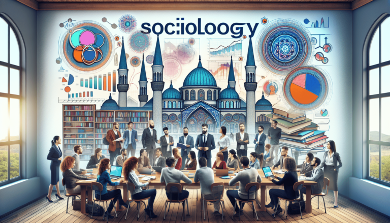 A diverse group of people in a meeting in a room with large windows, discussing over graphics related to sociology.