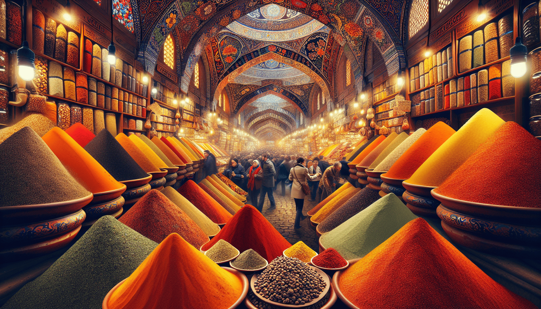 People browse through piles of colorful spices in a vibrant market with intricately decorated ceilings.