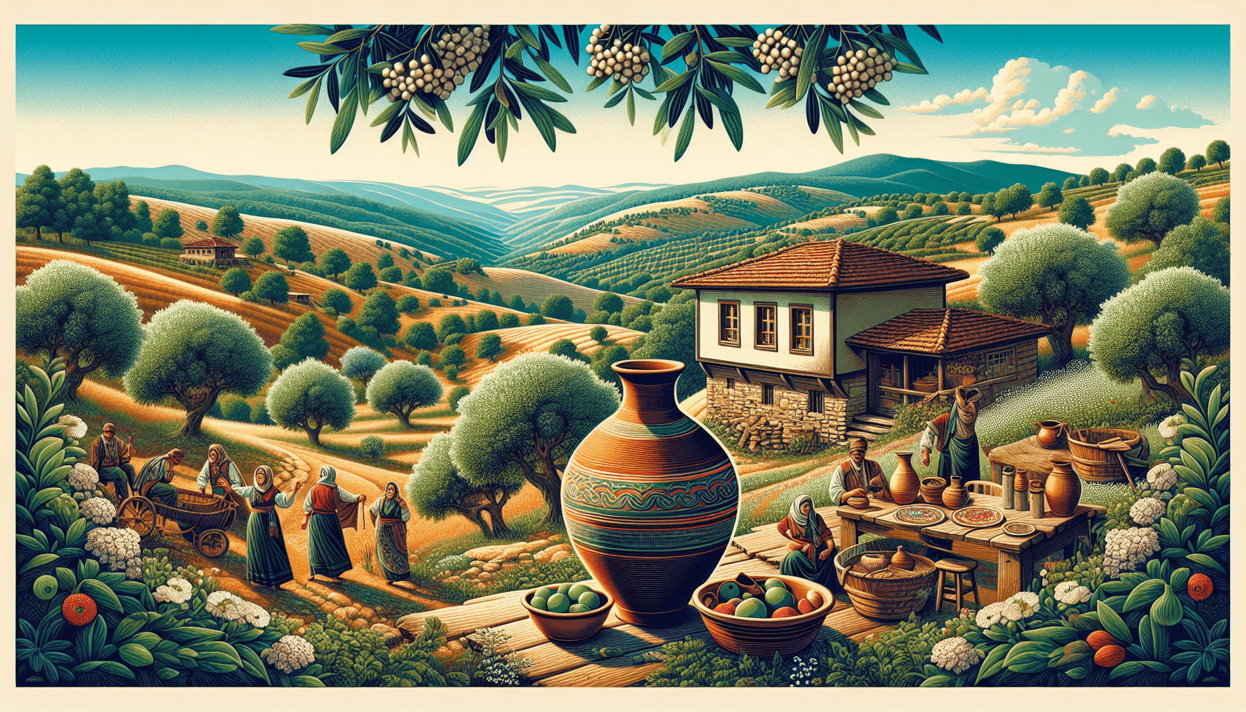 Illustration of a Mediterranean countryside with people harvesting and processing olives near a traditional house, with hilly landscapes and olive trees in the background.