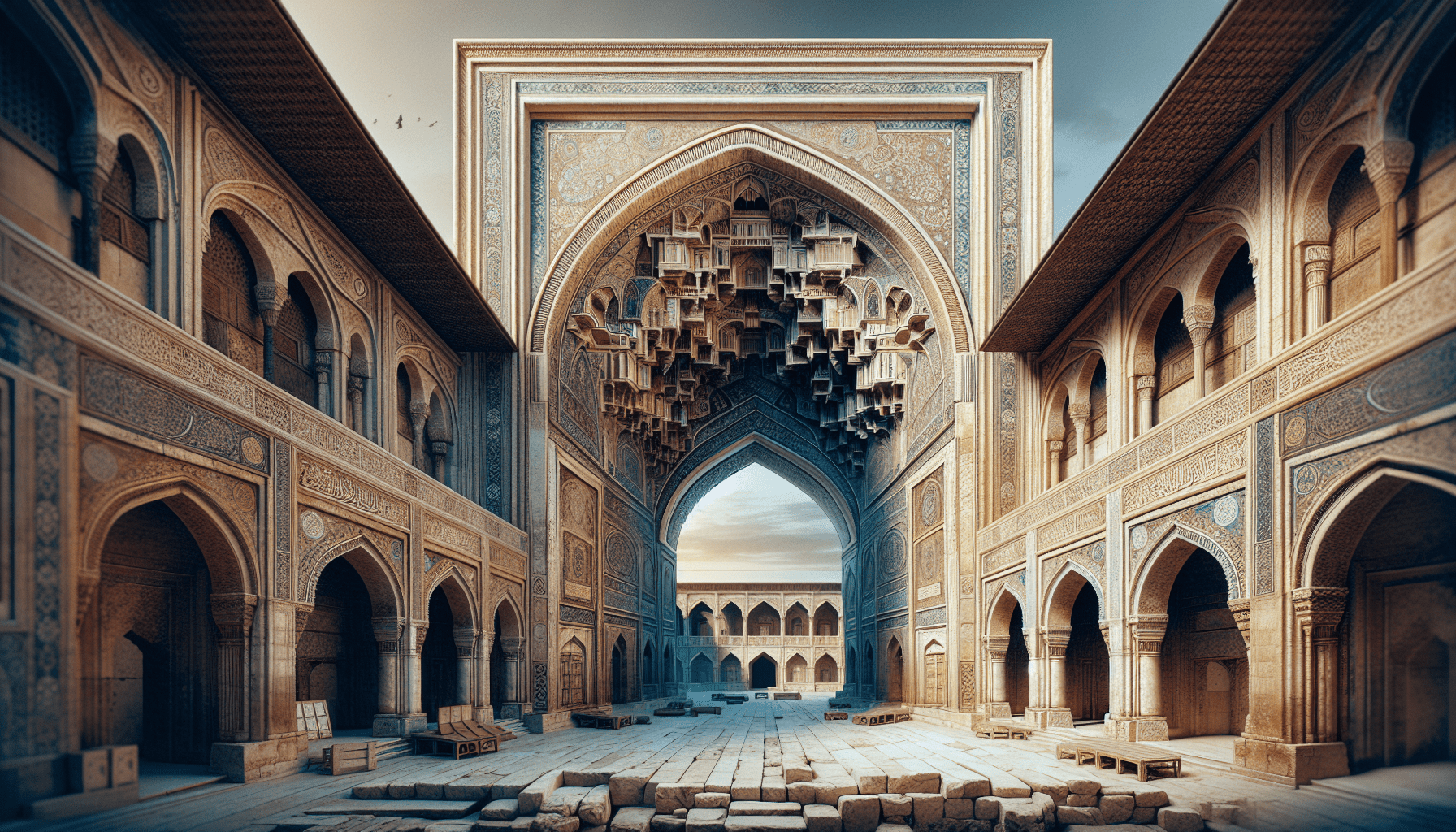 A grand, intricately designed courtyard with high archways, detailed carvings, and a symmetrical layout. The architecture features a mix of traditional and geometric elements against a clear sky backdrop.
