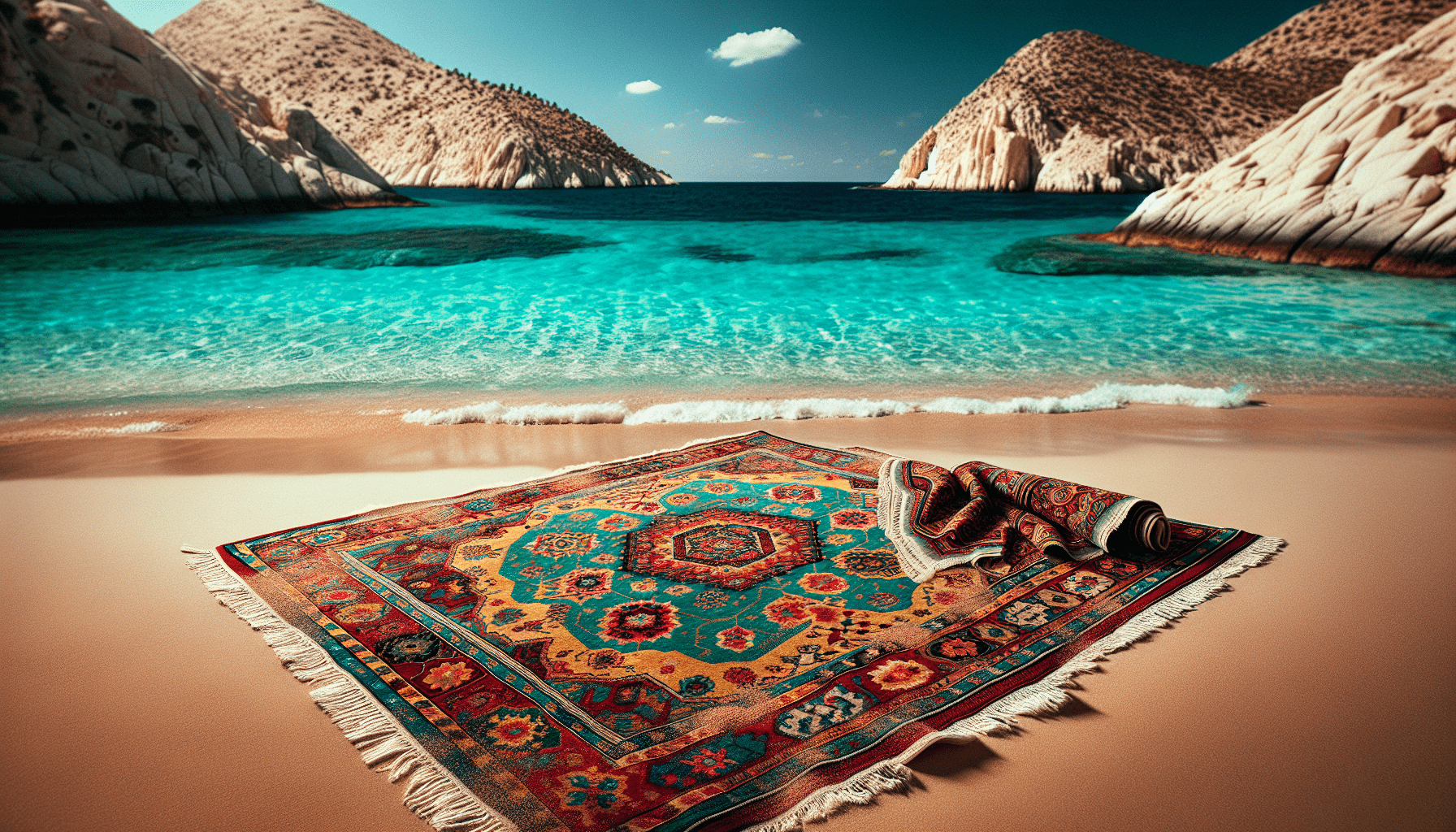A colorful patterned rug from Turkey is laid out on a sandy beach with a view of azure waters and rocky hills in the background.
