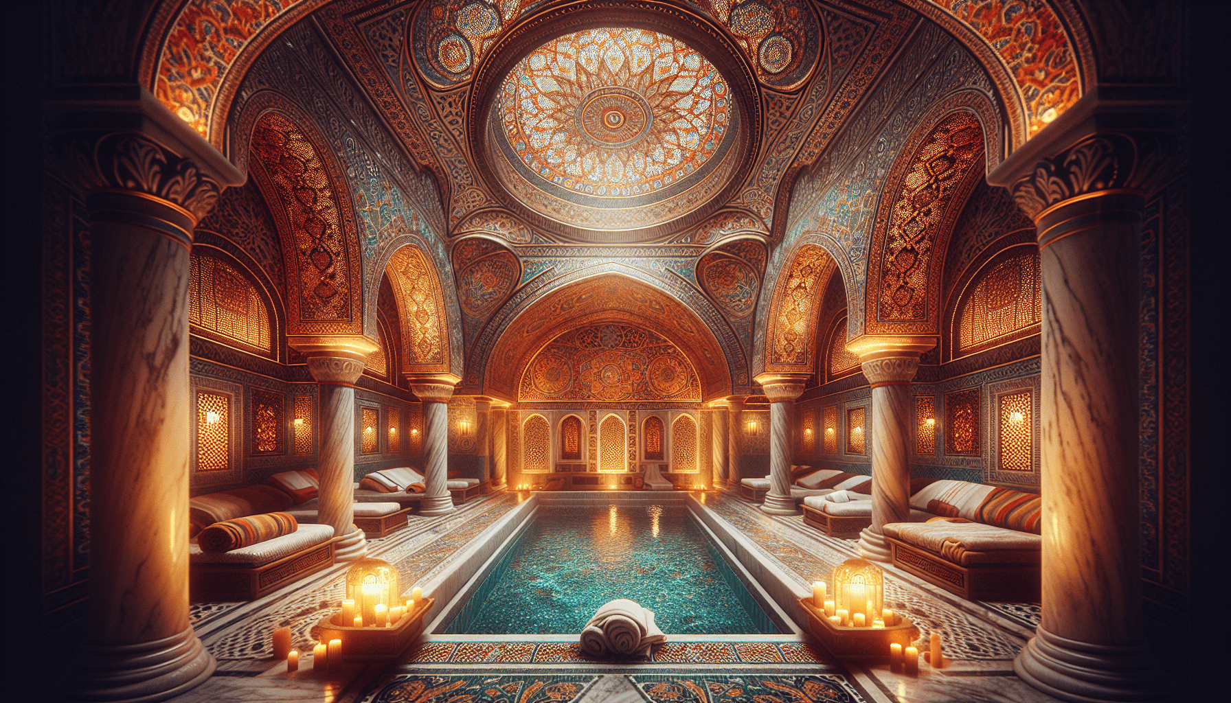 Ornate indoor pool room featuring intricate islamic art, arches, and a star-patterned dome ceiling, illuminated by soft lights and candles.