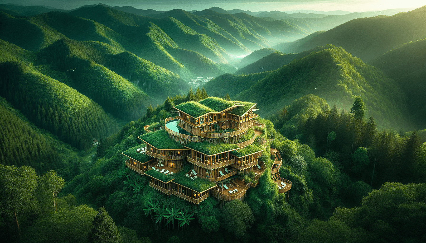 An expansive, multi-level wooden mansion with green rooftops is nestled atop a forested hill, surrounded by misty, rolling mountains. Pools and terraces are incorporated into the structure.