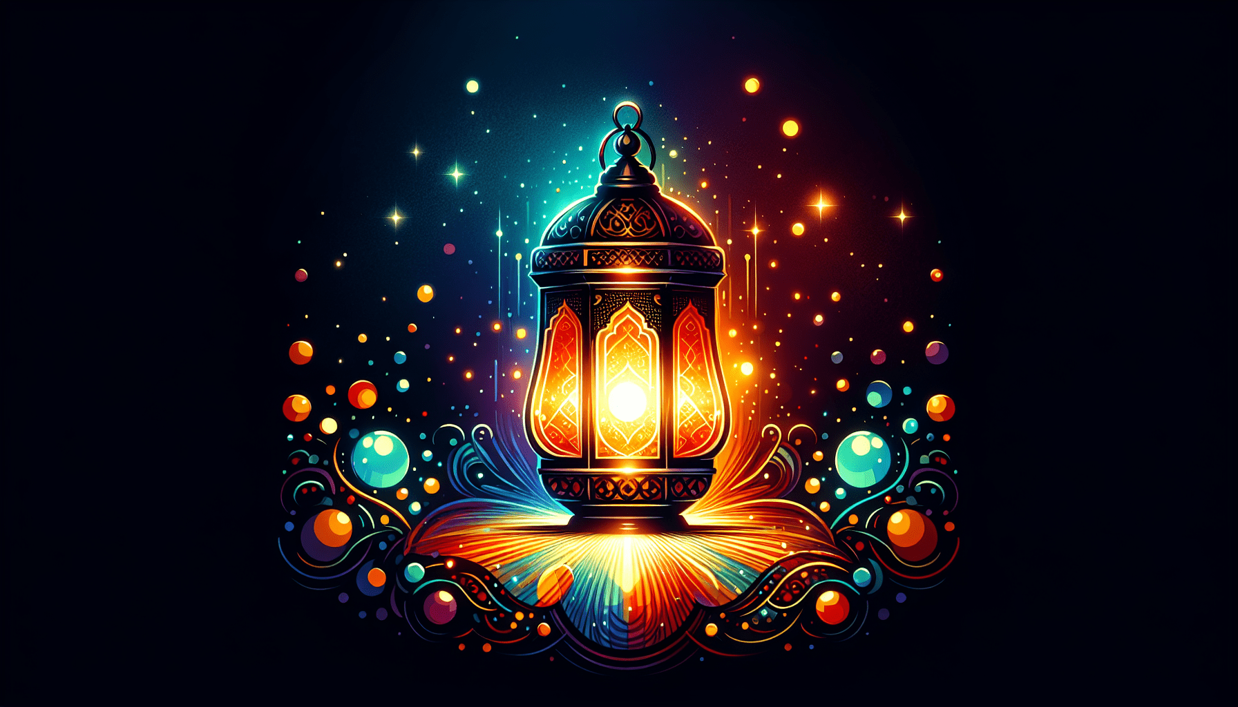 A glowing lantern with intricate designs emits colorful lights, reminiscent of Turkey's vibrant culture, surrounded by swirling patterns and orbs in a dark background.