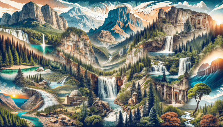 An intricate landscape illustration featuring mountains, waterfalls, forests, and historic structures merged into a surreal, picturesque scene.