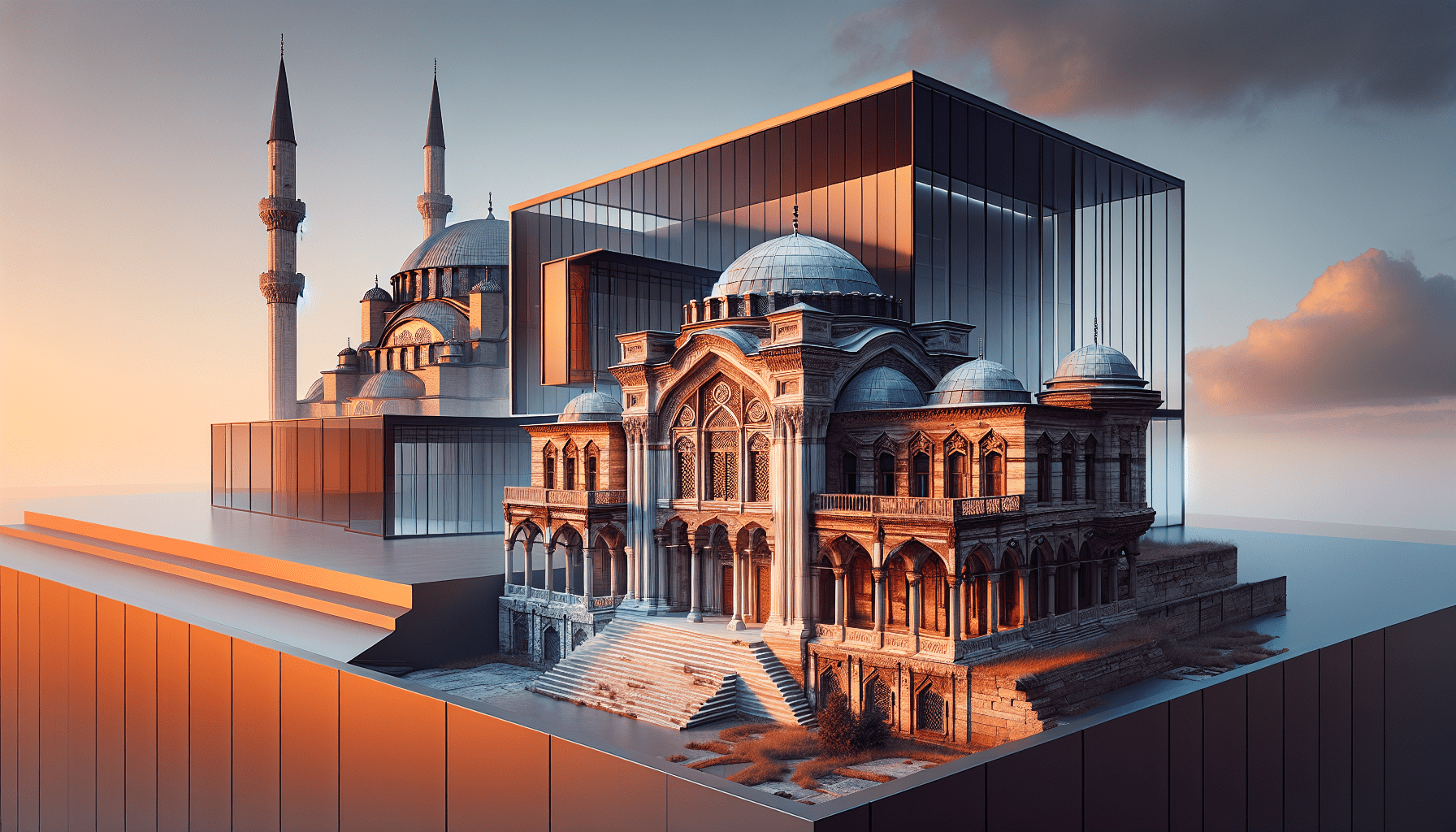 A modern glass building partially encloses a historical mosque with two minarets, blending contemporary and classical architecture under a sunset sky in Turkey.