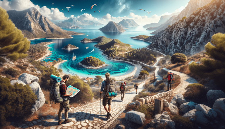 Hikers with backpacks walking on a cobblestone path overlooking a scenic coastal landscape with multiple inlets and paragliders in the sky.