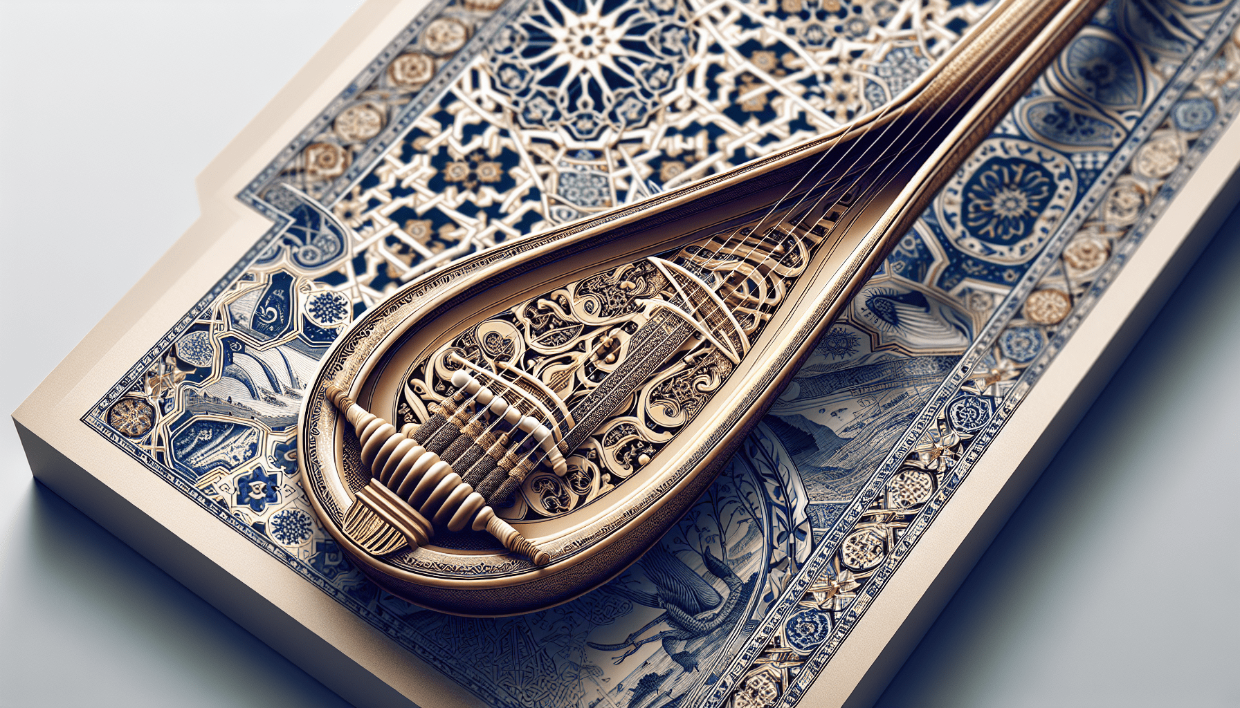 An intricately designed oud sits on top of a detailed and ornate mosaic tile featuring geometric patterns and figures.