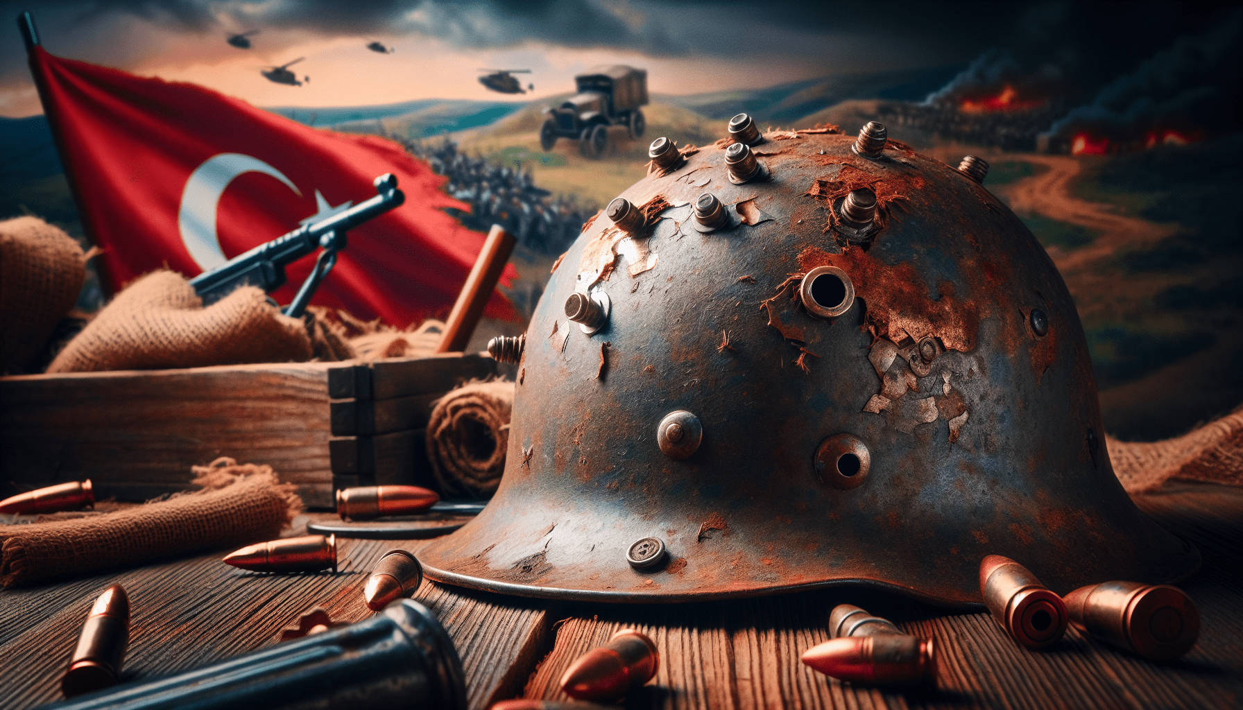 A rusty, battle-scarred helmet with several bullet holes surrounded by bullets and a gun, in front of a Turkish flag, depicting a historical battle scene with explosions and helicopters in the background.