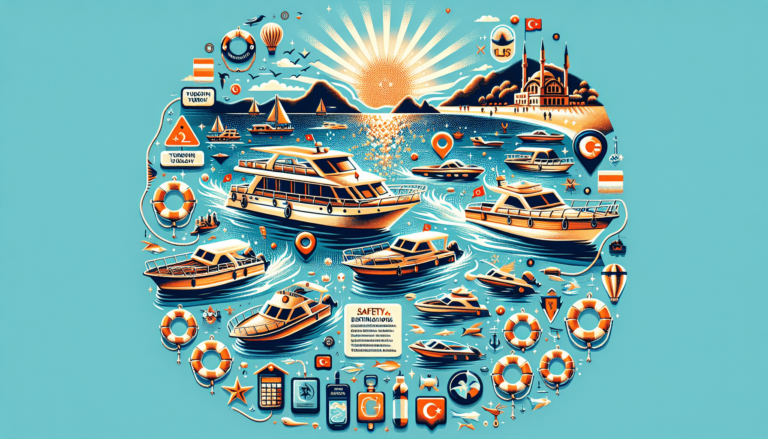 Illustrative graphic showing a variety of boats, safety icons, and landmarks under a sunburst on a turquoise background, highlighting nautical tourism in turkey.