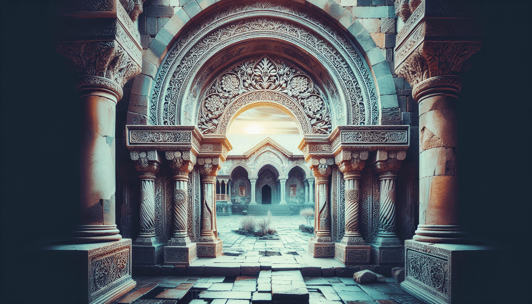 Intricately carved stone arches and columns adorn the entrance to a courtyard with an ancient, ornate architectural design.