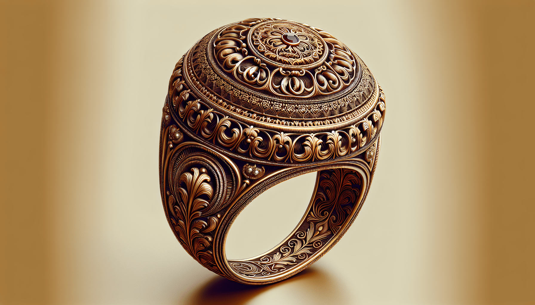 Ornate gold ring with intricate swirling patterns inspired by traditional Turkish motifs, and detailed engravings on the band and the top.