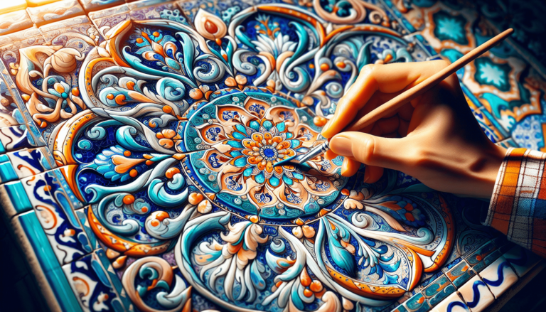 A hand meticulously paints an intricate and colorful floral pattern on a ceramic tile, reminiscent of traditional Turkish designs, featuring vibrant blues, oranges, and whites.