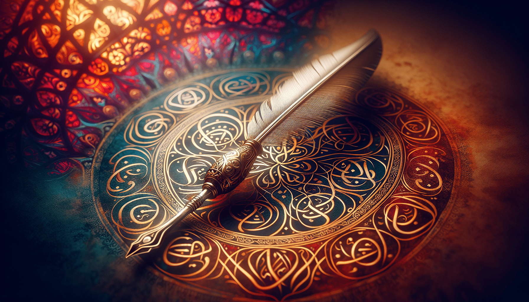 An ornate quill pen rests on an intricately patterned circular surface with a mosaic-like design, illuminated by warm and colorful ambient light.