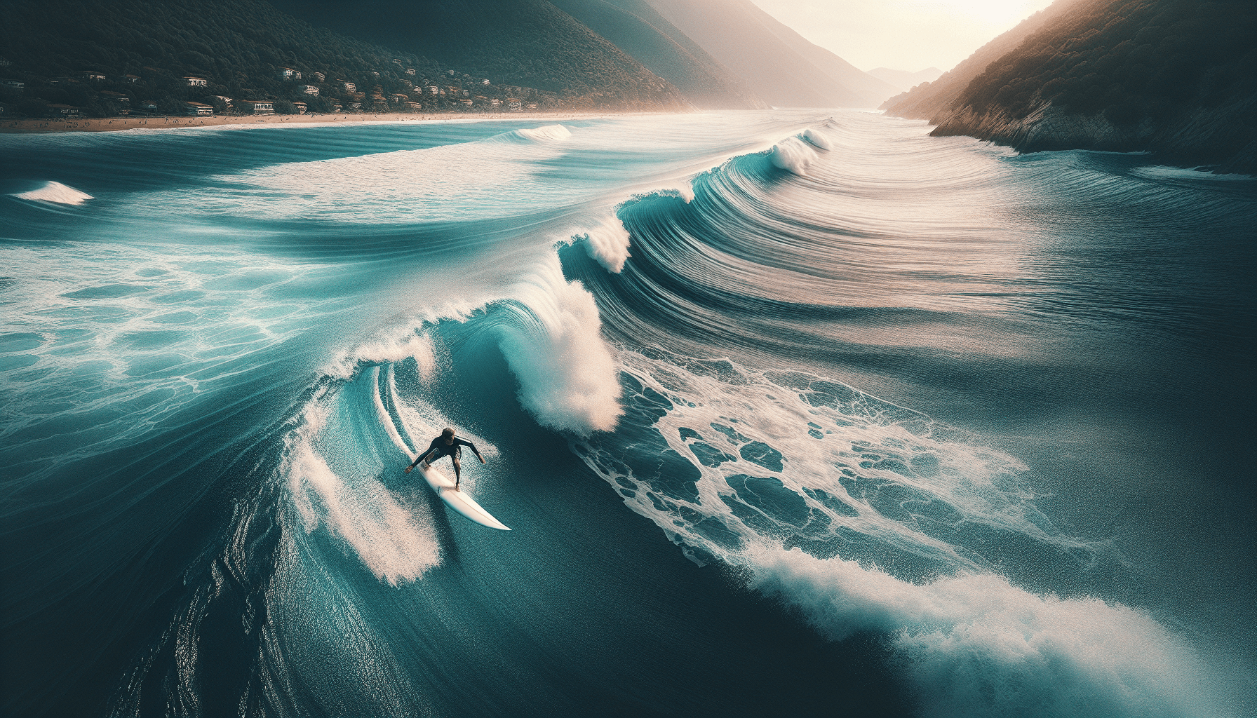 A person rides a surfboard on large ocean waves near a mountainous coastline under a partly cloudy sky.