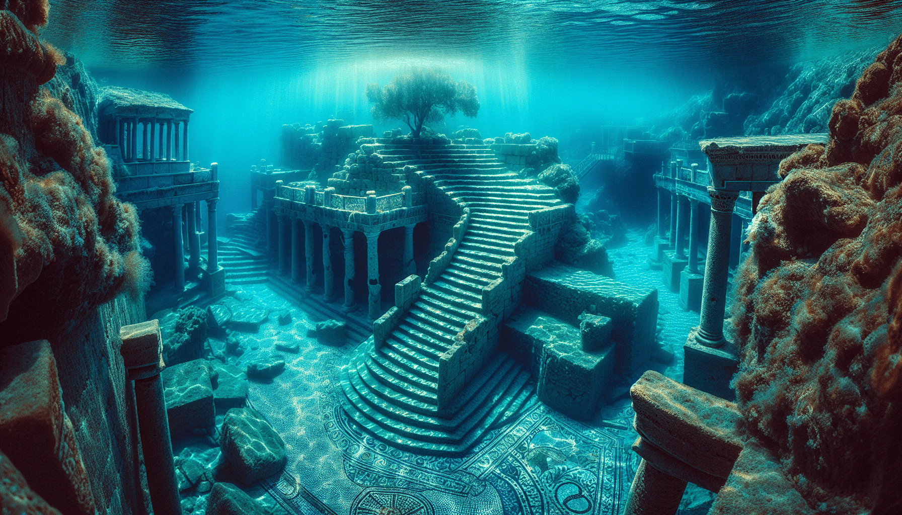An underwater scene depicting ancient ruins with columns and staircases surrounded by marine life, illuminated by light filtering through the water.