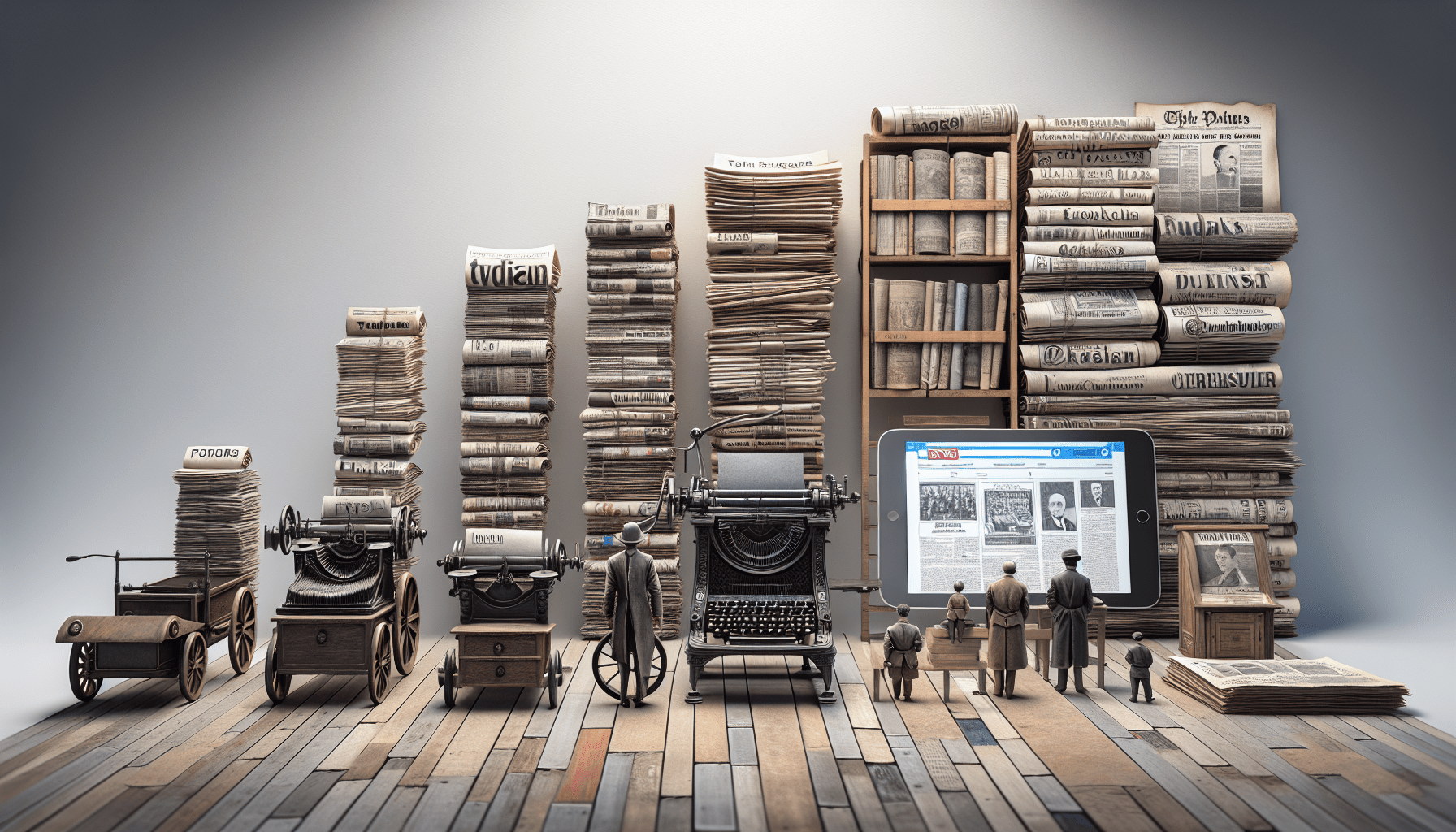 A timeline of news evolution: from hand-written notes and printing presses to newspapers, typewriters, and a digital tablet, illustrating the progress of news mediums over time.