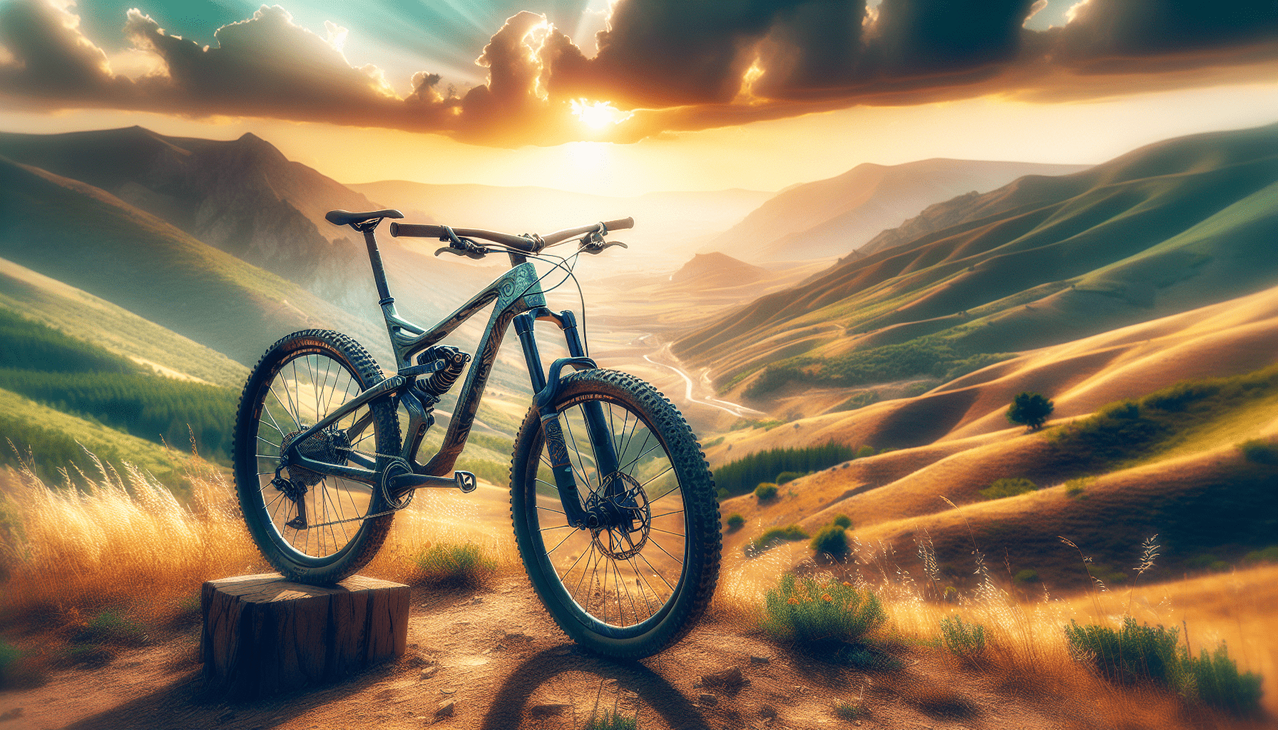 A mountain bike rests on a tree stump, overlooking a scenic valley with rolling hills and a dramatic sunset sky in the heart of Turkey.