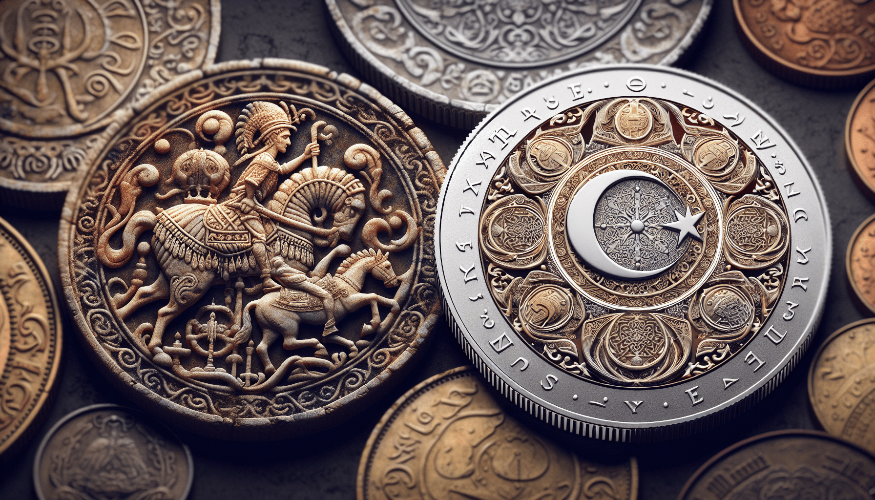A variety of intricately designed coins are displayed. The two prominent coins feature detailed symbols, one depicting a knight on horseback and the other showcasing a crescent moon with a star and tree, reminiscent of Turkey's rich cultural heritage.
