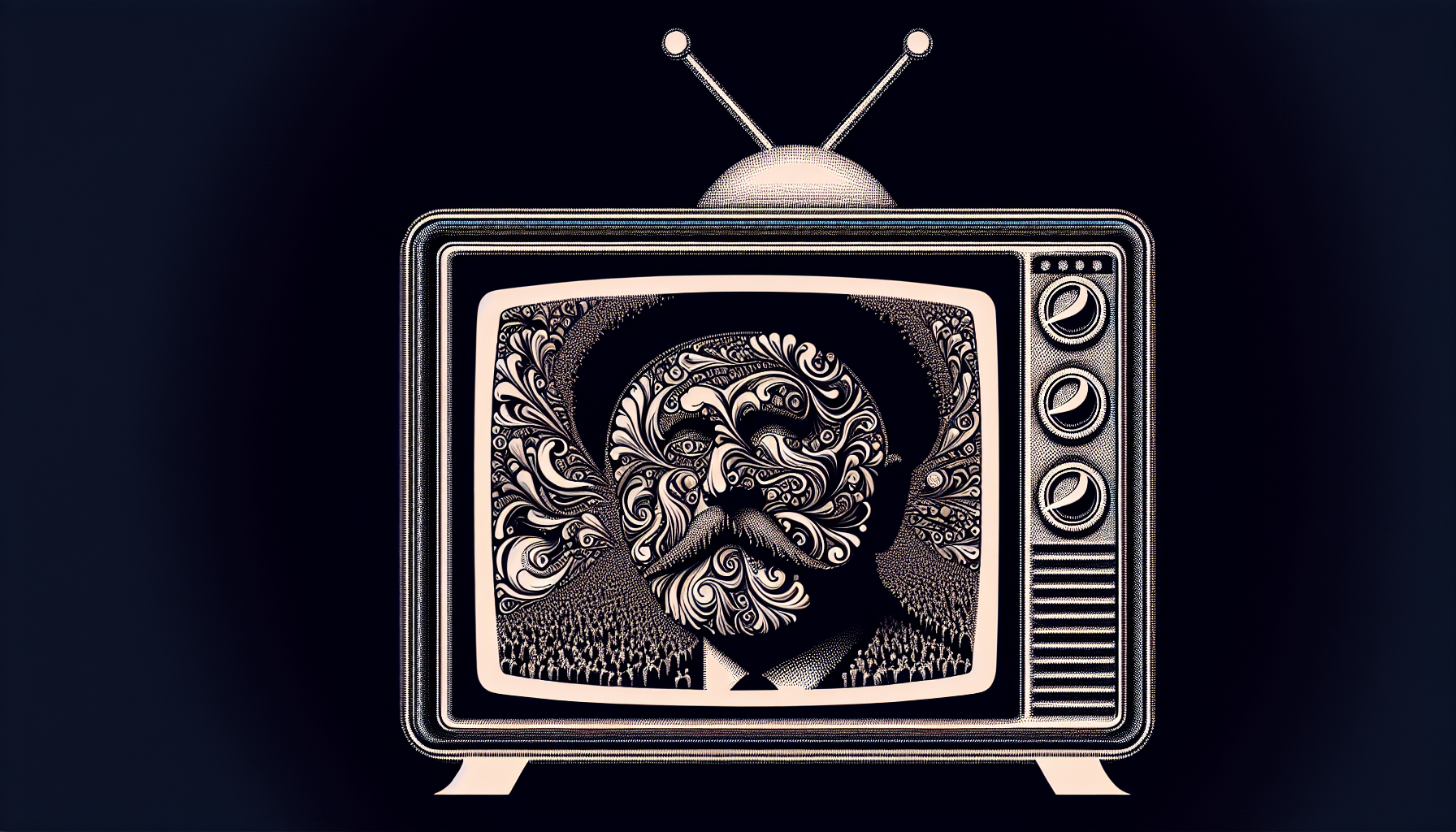 A vintage television showing an intricate, abstract illustration of a person with detailed floral patterns on a dark background.